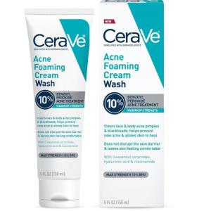 imageCeraVe Acne Foaming Cream Wash Gentle Face and Body Cleanser with Benzoyl Peroxide 10 Hyaluronic Acid and Niacinamide 10 Benzoyl Peroxide Treatment Clears Pimples and Blackheads 5 Oz