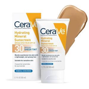 imageCeraVe Hydrating Mineral Sunscreen SPF 30 with Sheer Tint Tinted Mineral Sunscreen with Zinc Oxide ampamp Titanium Dioxide Blends Seamlessly For Healthy Glow Medium 17 Fluid OunceMedium