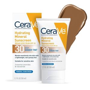 imageCeraVe Hydrating Mineral Sunscreen SPF 30 with Sheer Tint Tinted Mineral Sunscreen with Zinc Oxide ampamp Titanium Dioxide Blends Seamlessly For Healthy Glow Medium 17 Fluid OunceDeep