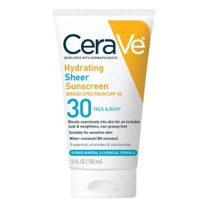 imageCeraVe Hydrating Sheer Sunscreen with SPF 30 for Face and Body Mineral ampamp Chemical Sunscreen for Men ampamp Women with Zinc Oxide Hyaluronic Acid and Ceramides ParabenFree  FragranceFree 5 Ounces5 Fl Oz Pack of 1