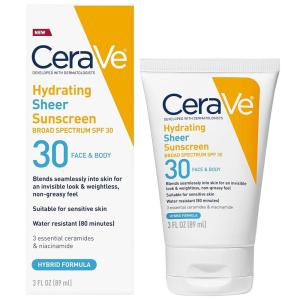 imageCeraVe Hydrating Sheer Sunscreen with SPF 30 for Face and Body Mineral ampamp Chemical Sunscreen for Men ampamp Women with Zinc Oxide Hyaluronic Acid and Ceramides ParabenFree  FragranceFree 5 Ounces3 Fl Oz Pack of 1